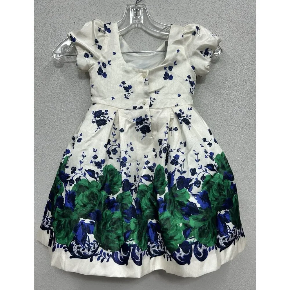 Janie & Jack Floral Dress Sz 3 Satin Ivory Blue & Green Formal Occasion Holiday